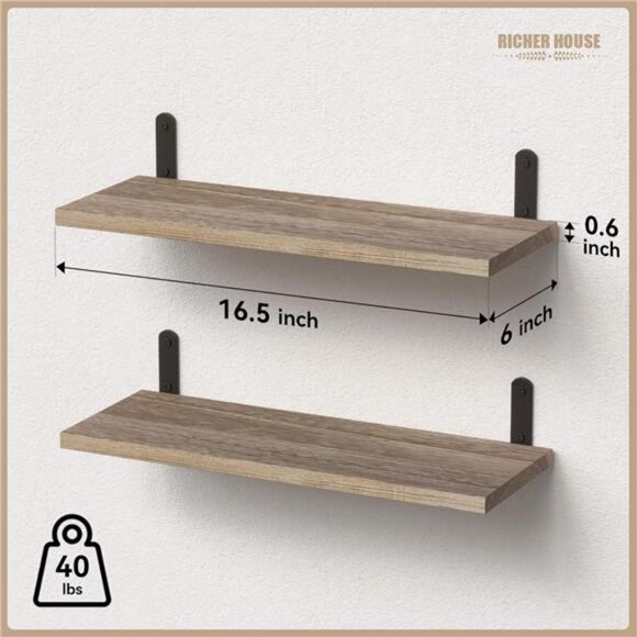 Rustic Wood Shelves Set of 2, Farmhouse Style Floating Shelf - Picture 3 of 8